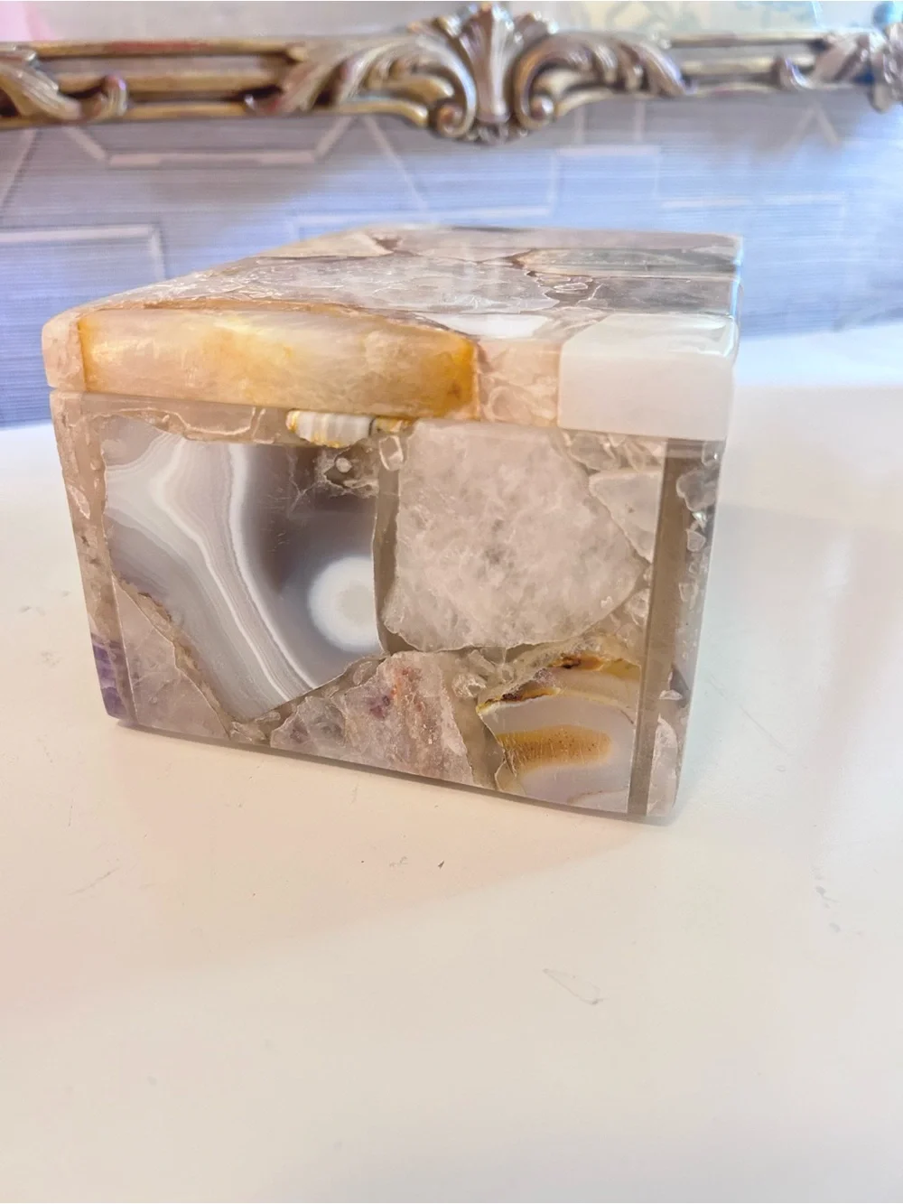 Handmade in India Natural Agate Druzy Amethyst Gemstone Mosaic Jewelry Box 7”
